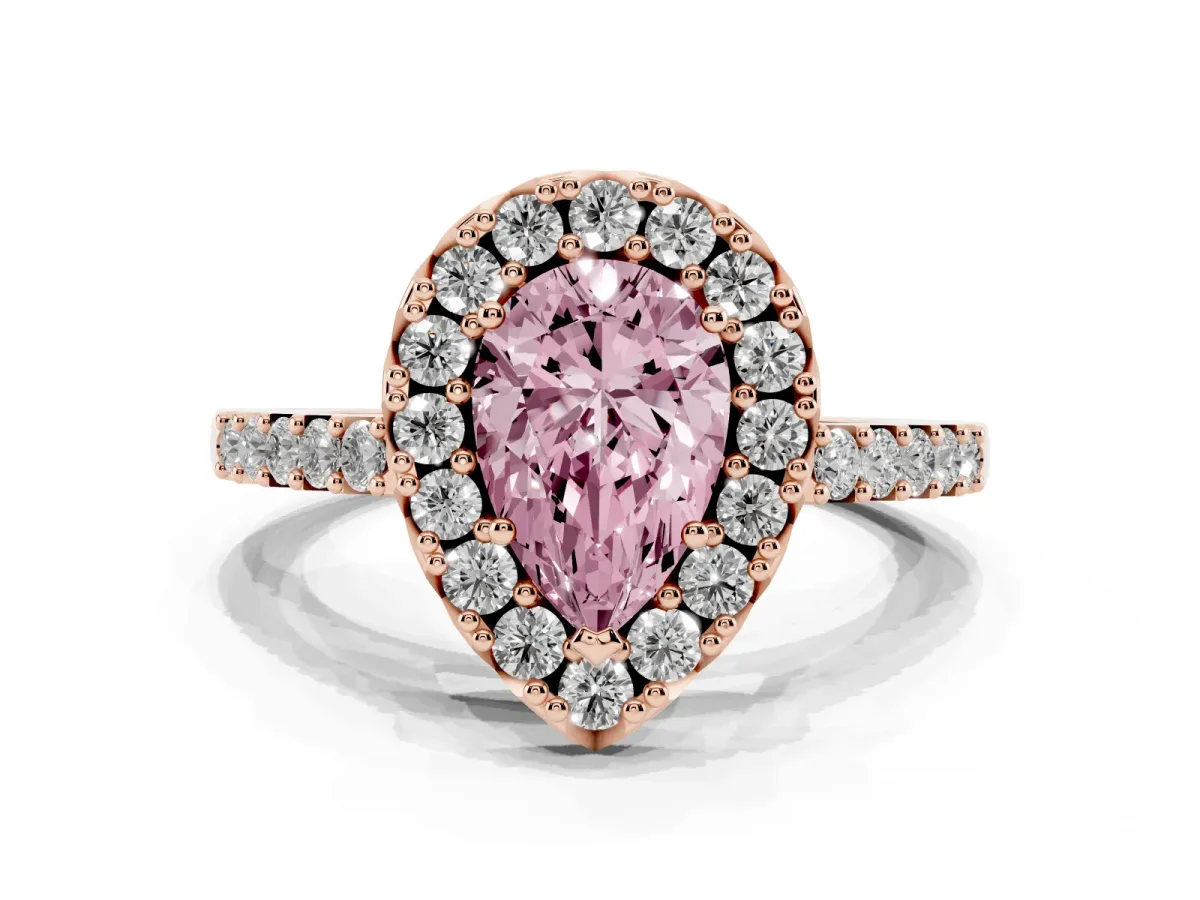 Fancy Pink Pear Cut Halo Diamond Pavé Solitaire Ring Rose gold
