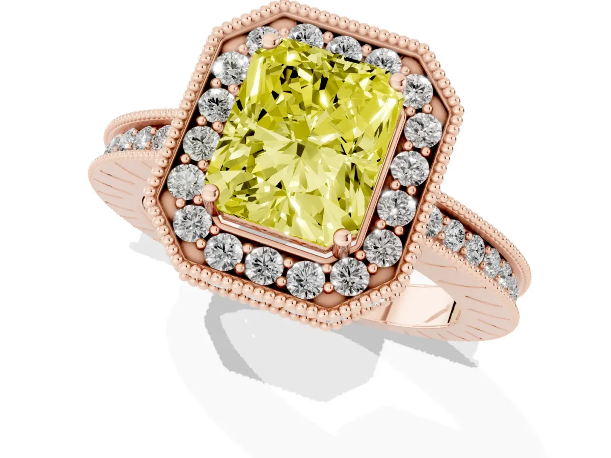 Fancy Yellow Radiant Cut Diamond Milgrain Halo Engagement Ring with Round Pavé Band and Prong Setting Rose gold