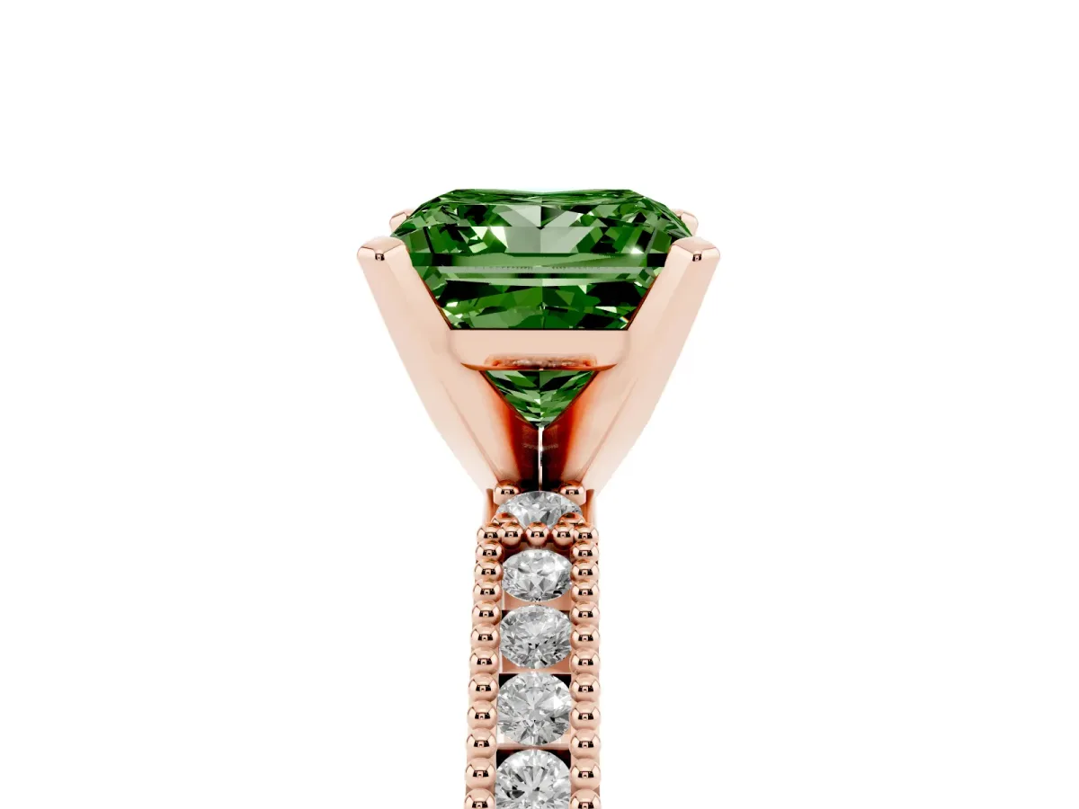 Fancy Green Princess Cut Solitaire with Pavé Band and Four-Prong Setting Rose gold
