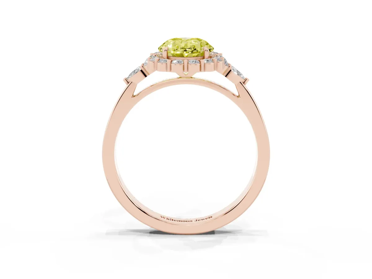 Fancy Yellow Oval Cut Diamond Halo Ring with Pear Side Stones and Prong Setting Rose gold