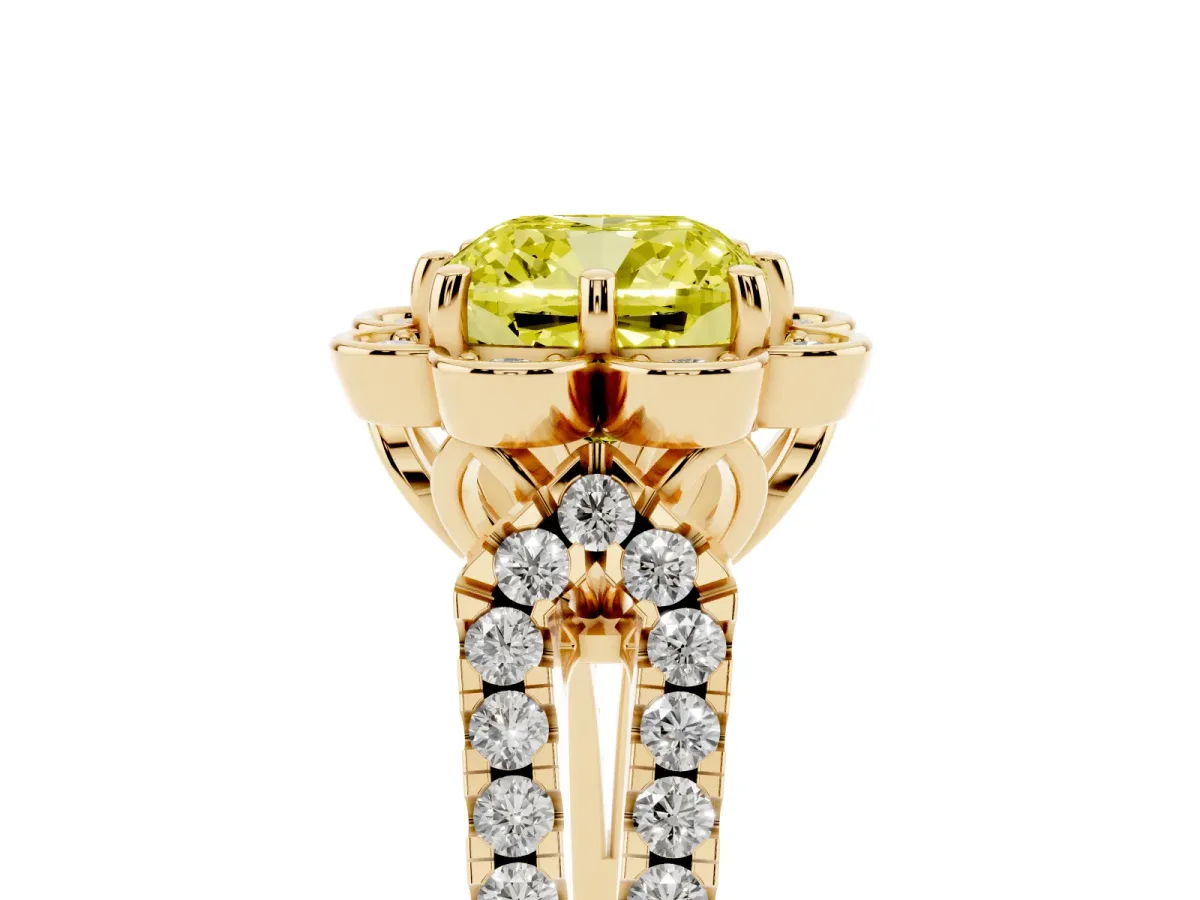 Fancy Yellow Cushion Cut Halo Diamond Floral Split Shank Engagement Ring Yellow gold