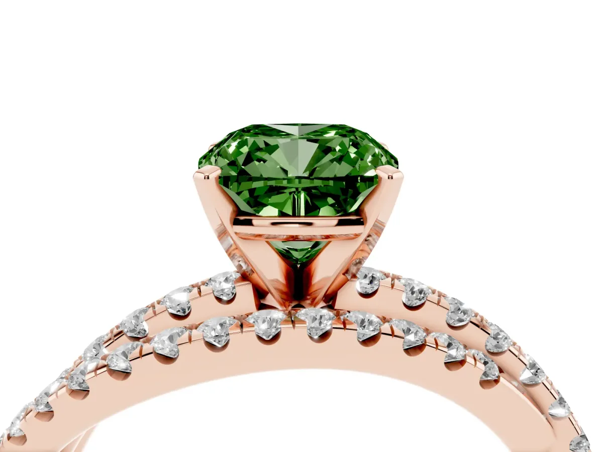 Fancy Green Cushion Cut Solitaire Twist Band with Pavé Setting and Four-Prong Setting Rose gold