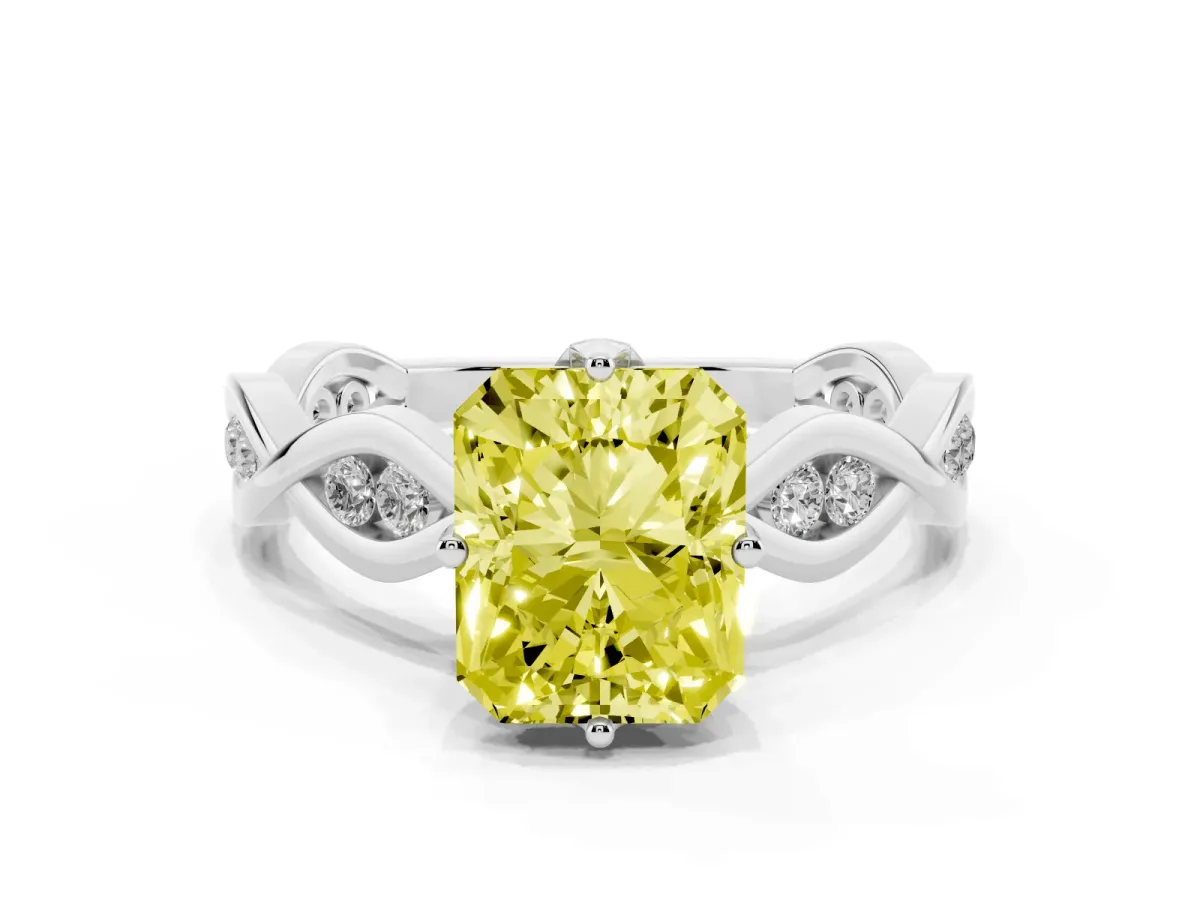 Fancy Yellow Radiant Cut Solitaire Twist Band with Leaf Prong Setting Silver