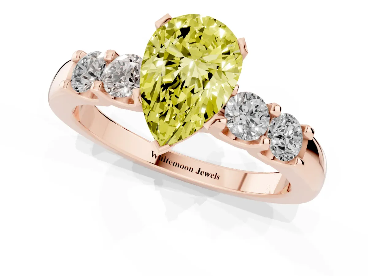 Fancy Yellow Pear Cut Brilliant Cut Diamond Five-Stone Prong Set Engagement Ring with Channel Band Rose gold