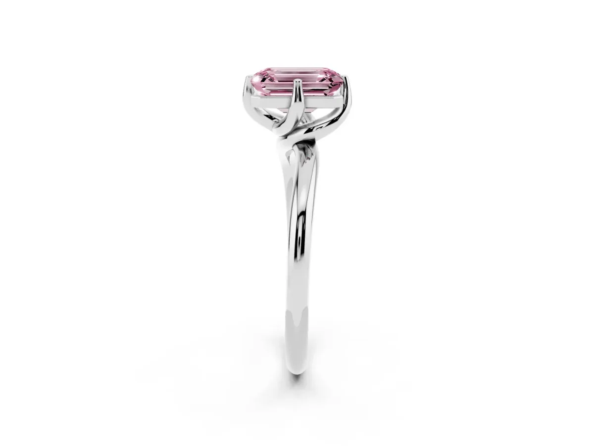 Fancy Pink Emerald Cut Diamond Solitaire Engagement Ring with Four-Prong Setting and Classic Band Silver