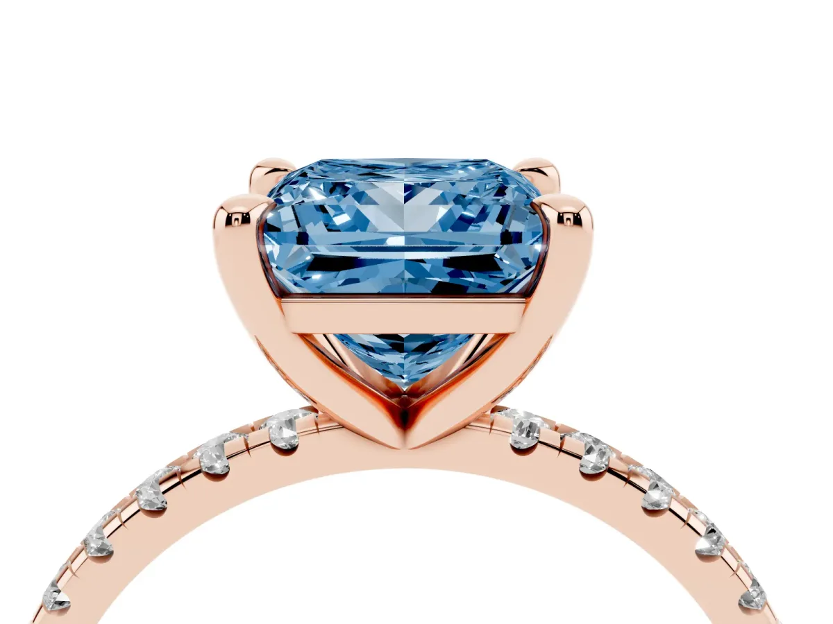 Fancy Blue Princess Cut Diamond Brilliant Solitaire Ring with Pavé Band and Four-Prong Setting Rose gold