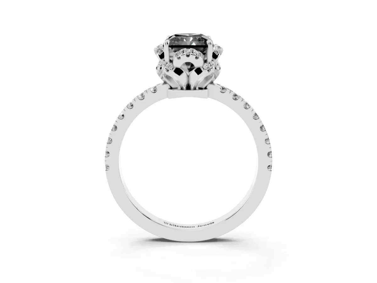 Fancy Black Radiant Cut Diamond Halo Pave Band with Four-Prong Setting Silver