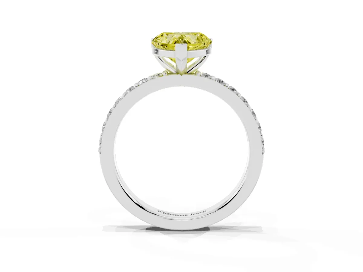 Fancy Yellow Heart Cut Cut Diamond Solitaire with Pave Band and Four-Prong Setting Silver