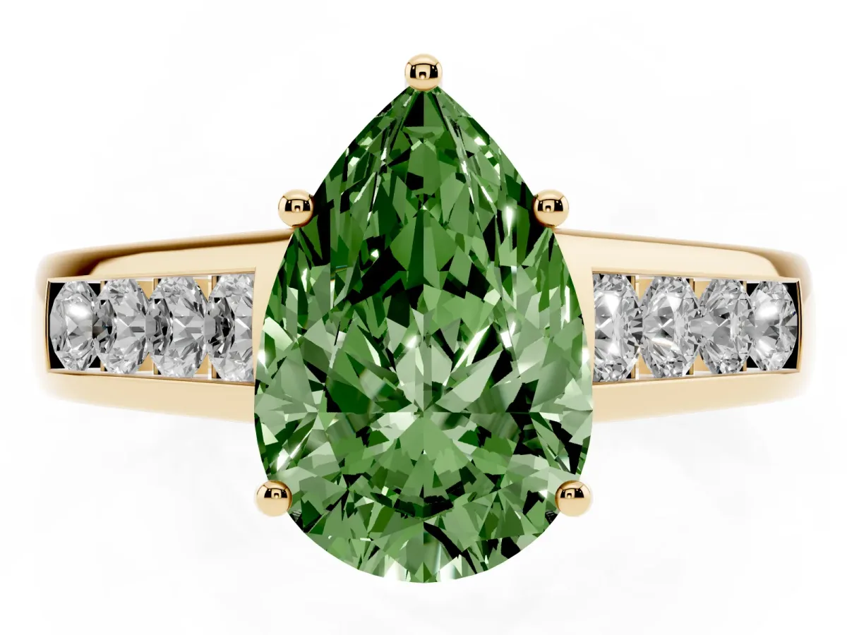 Fancy Green Pear Cut Brilliant Channel-Set Solitaire Ring with Four-Prong Setting Yellow gold