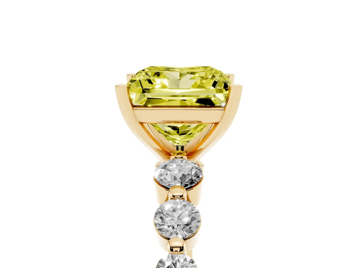 Fancy Yellow Princess Cut Solitaire Diamond Ring with Pave Band and Four-Prong Setting Yellow gold