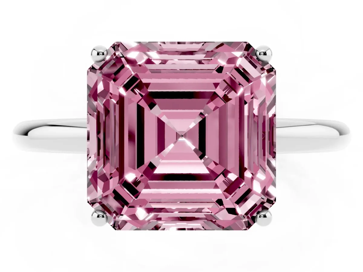 Fancy Pink Asscher Cut Solitaire Diamond Ring with a Classic Band and Four-Prong Setting Silver