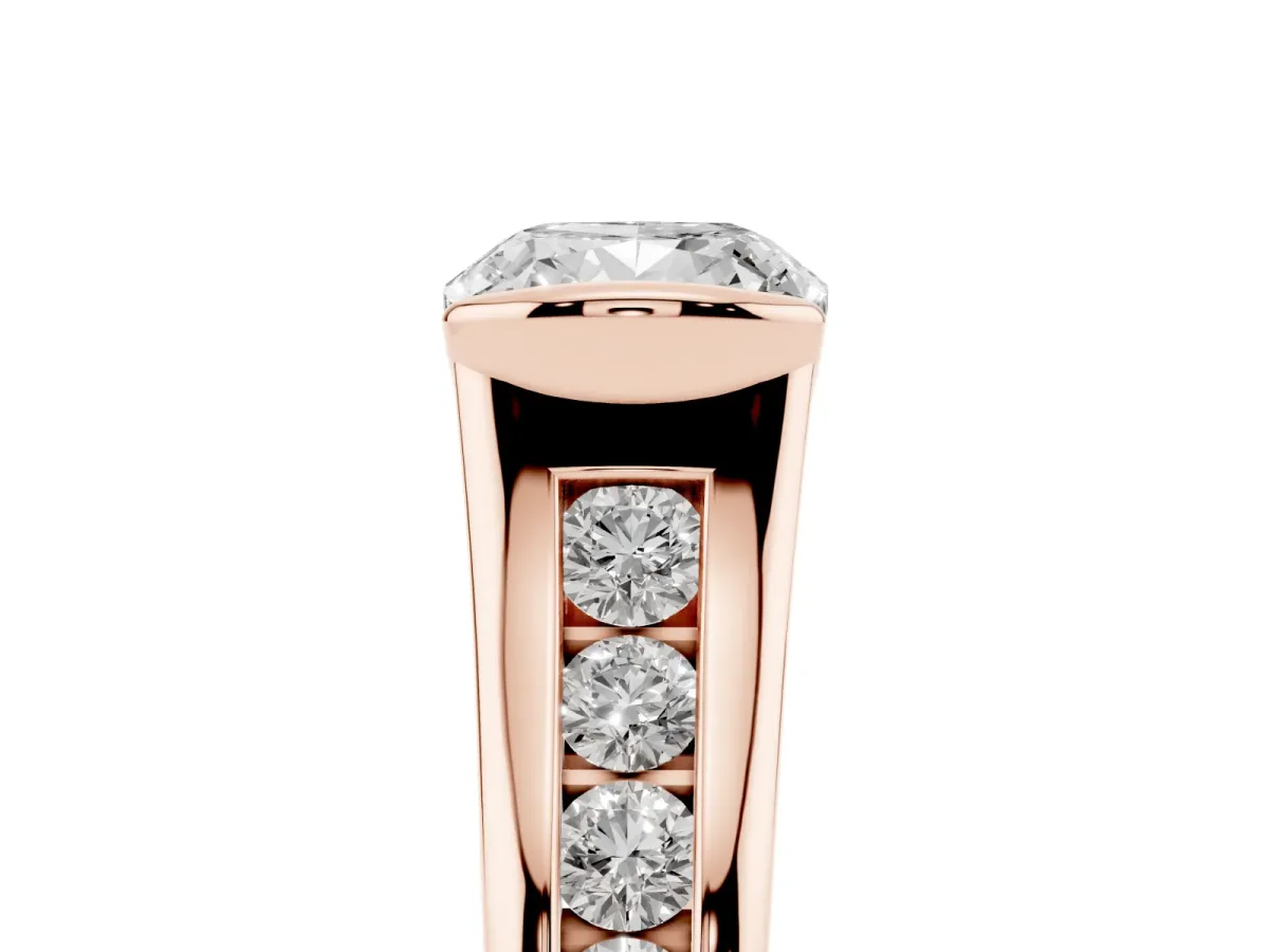 Cushion Cut Solitaire Bezel-Set Diamond Ring with Channel-Set Band Rose gold