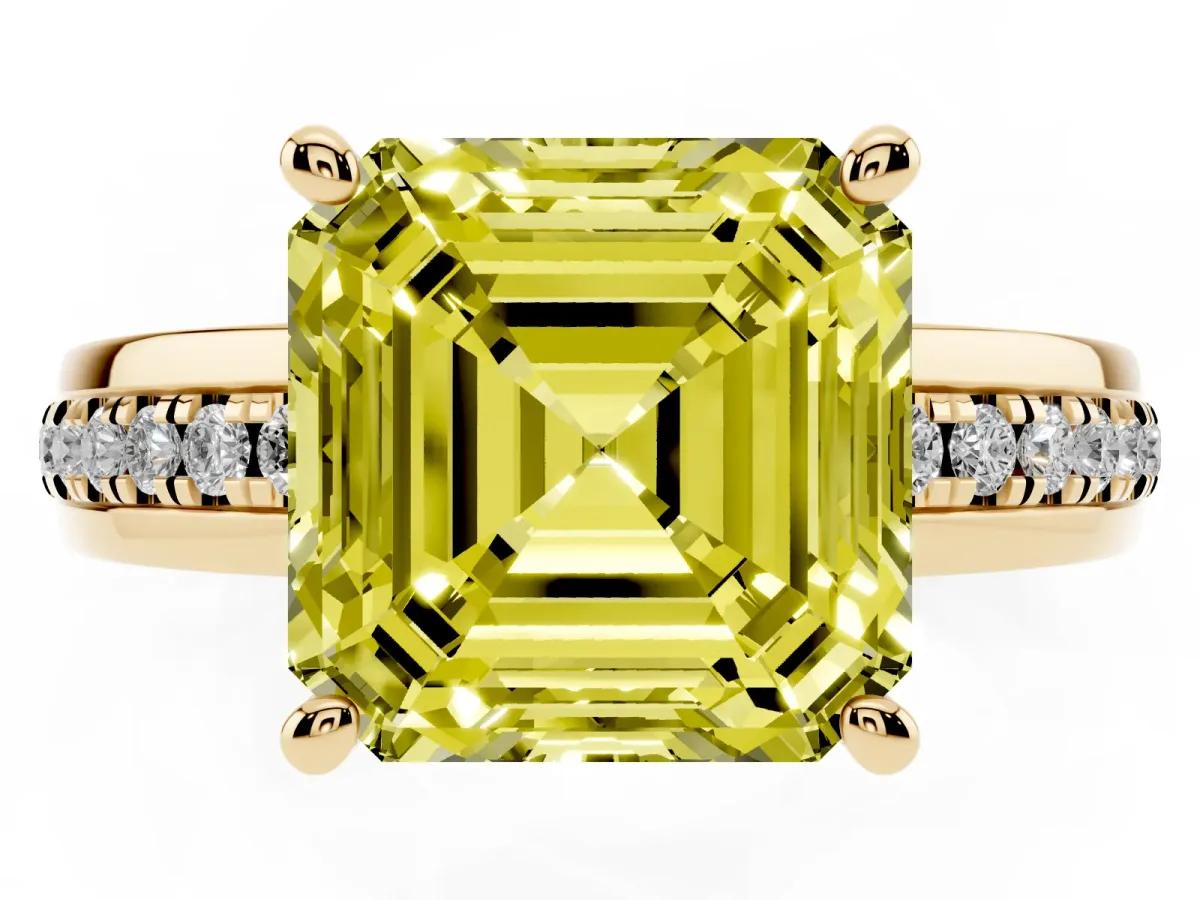Fancy Yellow Asscher Cut Solitaire Diamond Ring with Channel Set Band and Six-Prong Setting Yellow gold