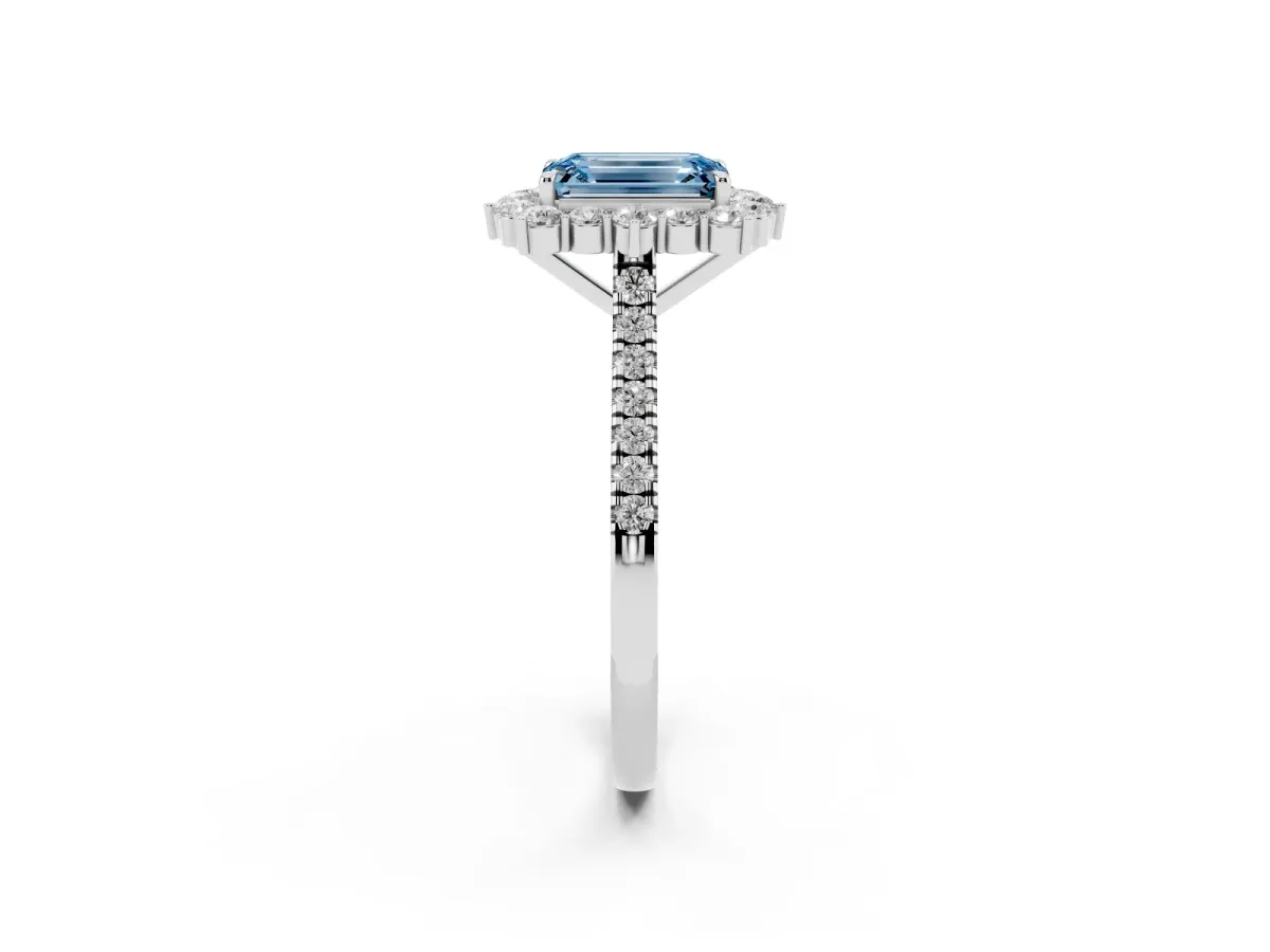 Fancy Blue Emerald Cut Halo Diamond Ring with Pavé Band and Prong Setting Silver