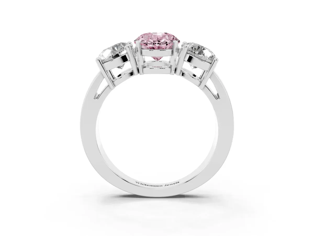Fancy Pink Three-Stone Oval Cut Diamond Ring with Round Side Stones, Classic Band, and Four-Prong Setting Silver