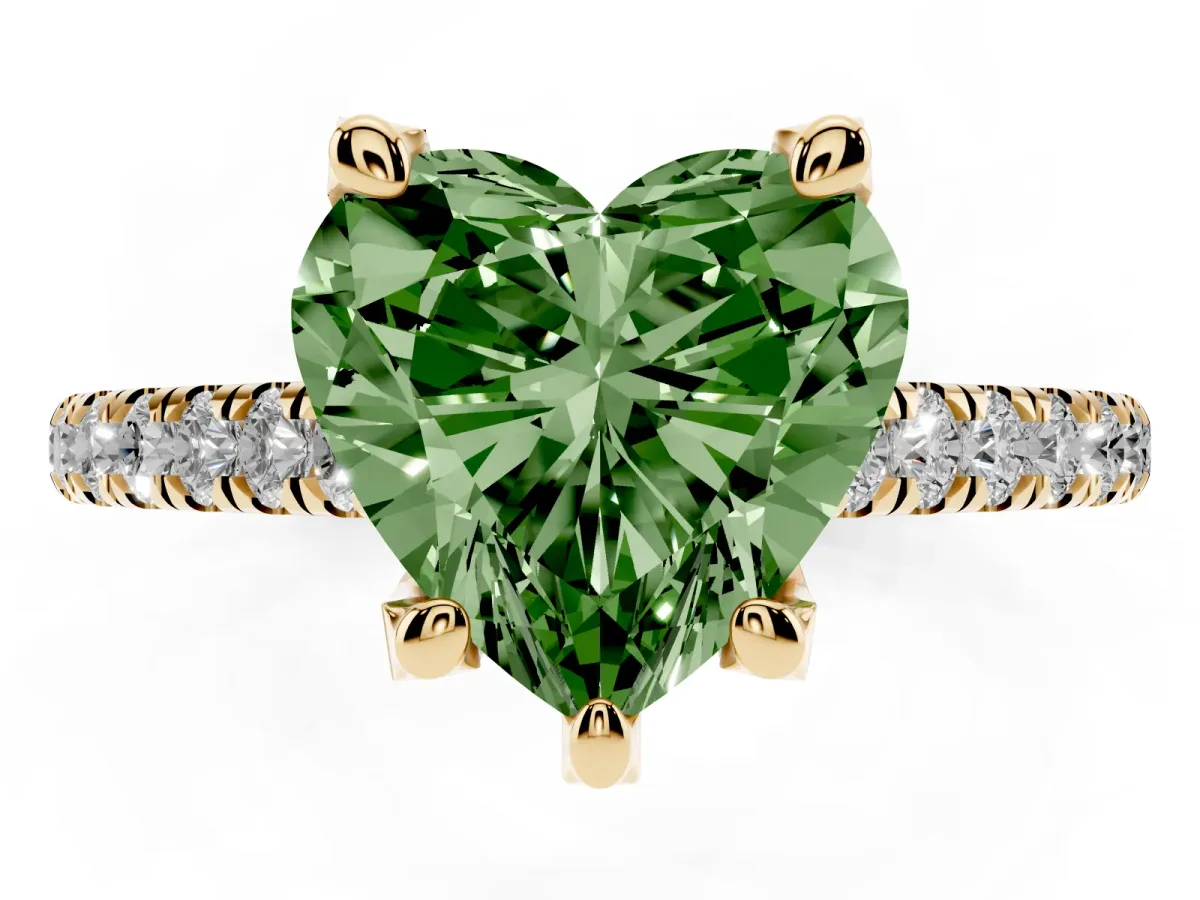 Fancy Green Heart Cut Brilliant Diamond Solitaire with Pavé Band and Four-Prong Setting Yellow gold