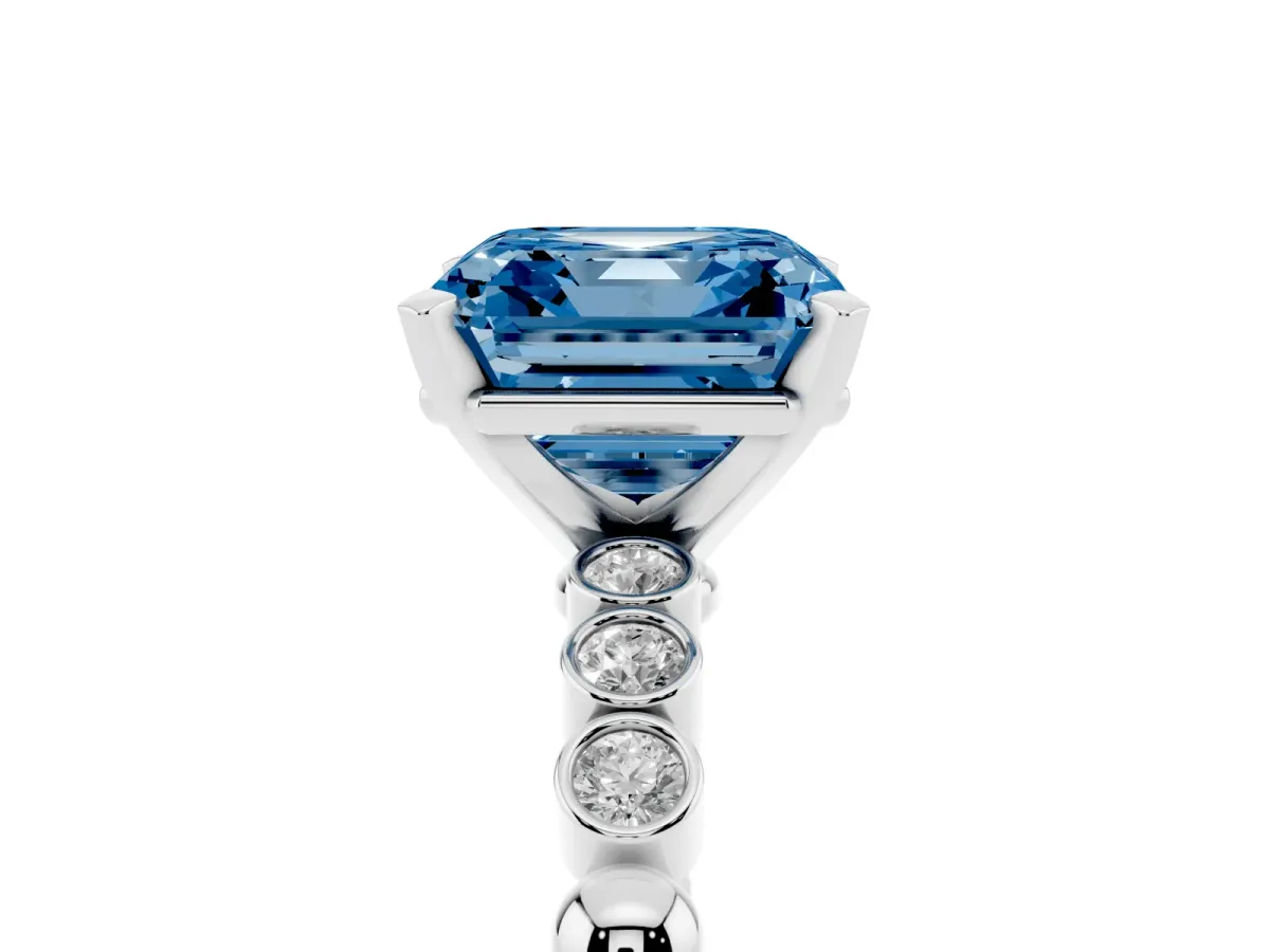 Fancy Blue Asscher Cut Solitaire Bezel Accent Diamond Engagement Ring with Beaded Band and Four-Prong Setting White gold