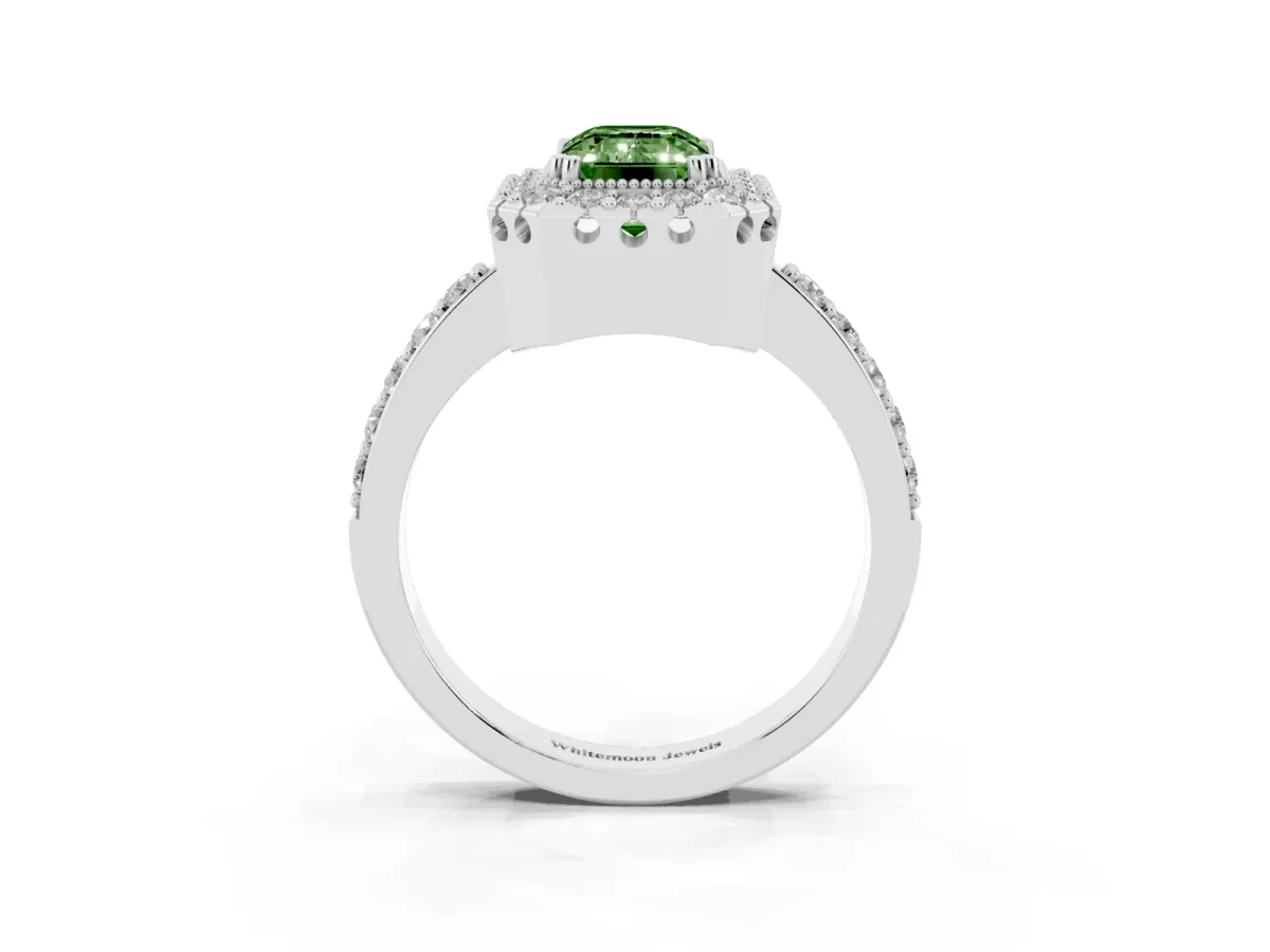 Fancy Green Emerald Cut Diamond Halo Ring with Pavé Band and Prong Setting Silver