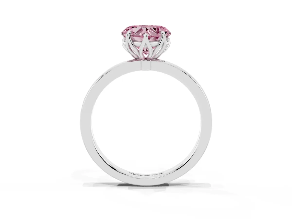 Fancy Pink Heart Cut Diamond Solitaire Ring with Thin Band and Prong Setting Silver