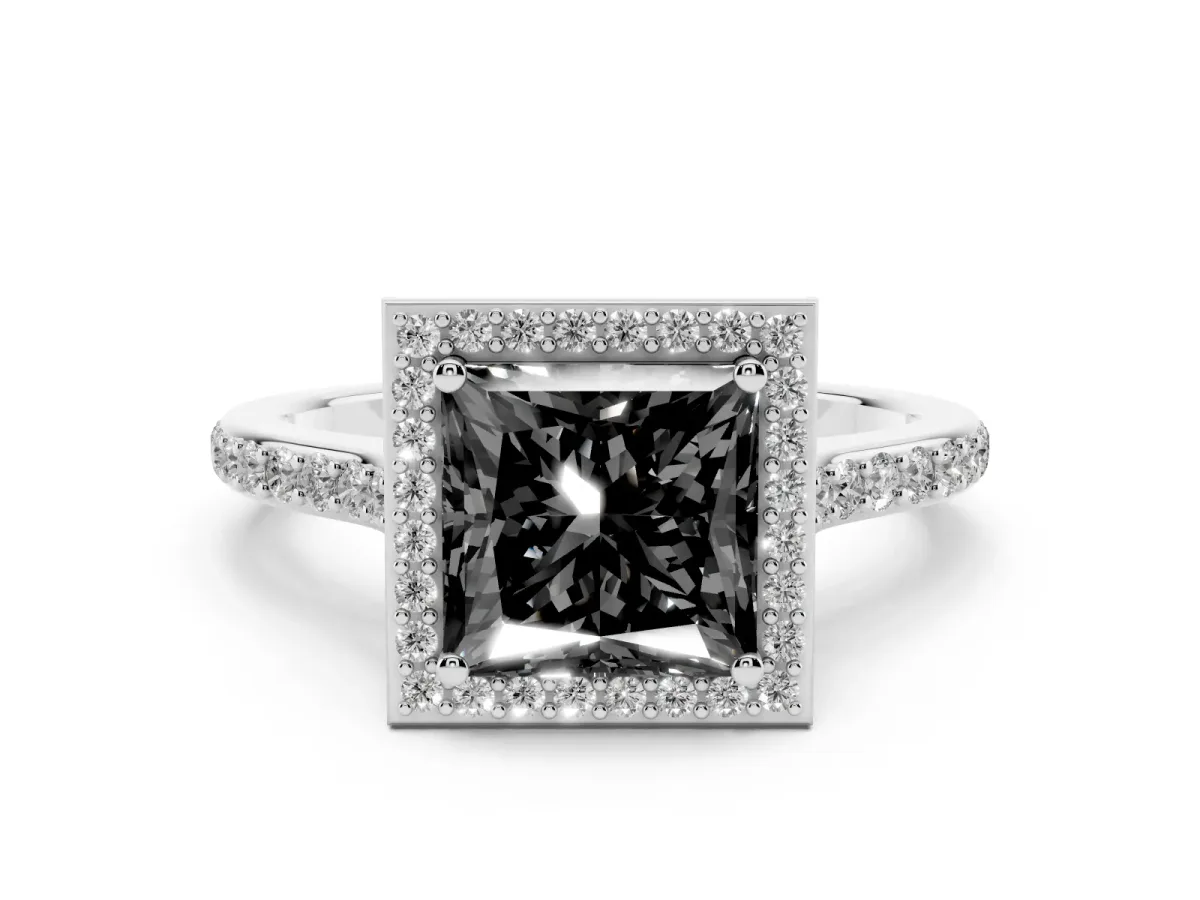 Fancy Black Princess Cut Diamond Halo Engagement Ring with Round Pavé Shoulders and Prong Setting White gold