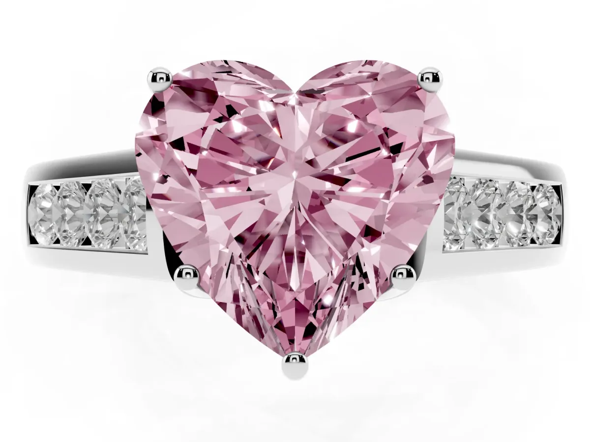 Fancy Pink Heart Cut Solitaire Channel-Set Diamond Engagement Ring with Four-Prong Setting Silver