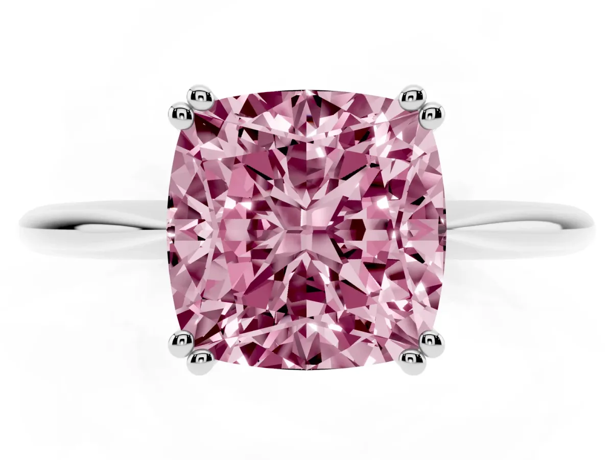 Fancy Pink Cushion Cut Solitaire Diamond Ring with Six-Prong Setting and Classic Band Silver
