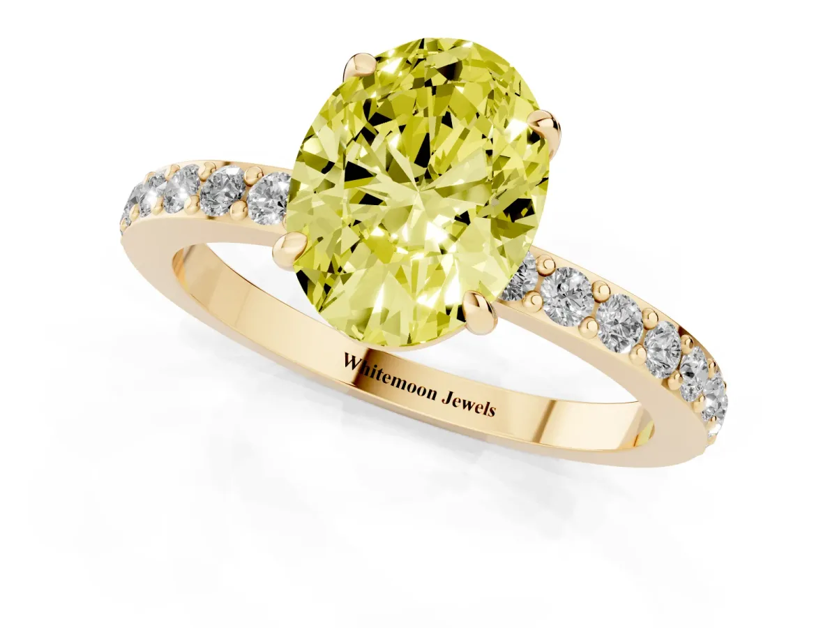 Fancy Yellow Oval Cut Diamond Pavé Engagement Ring with Round Accents and Prong Setting Yellow gold