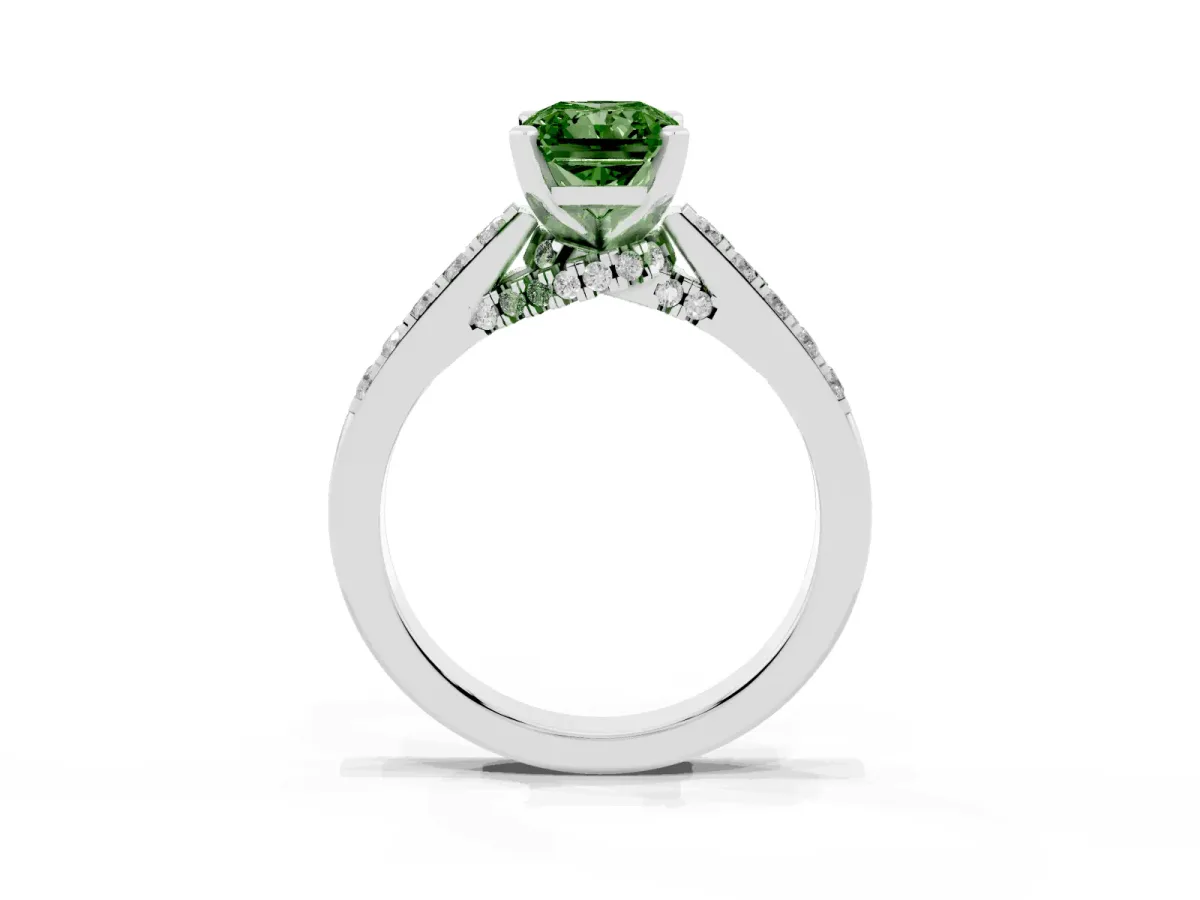 Fancy Green Radiant Cut Diamond Solitaire Ring with Crossover Gallery and Round Pavé Band White gold
