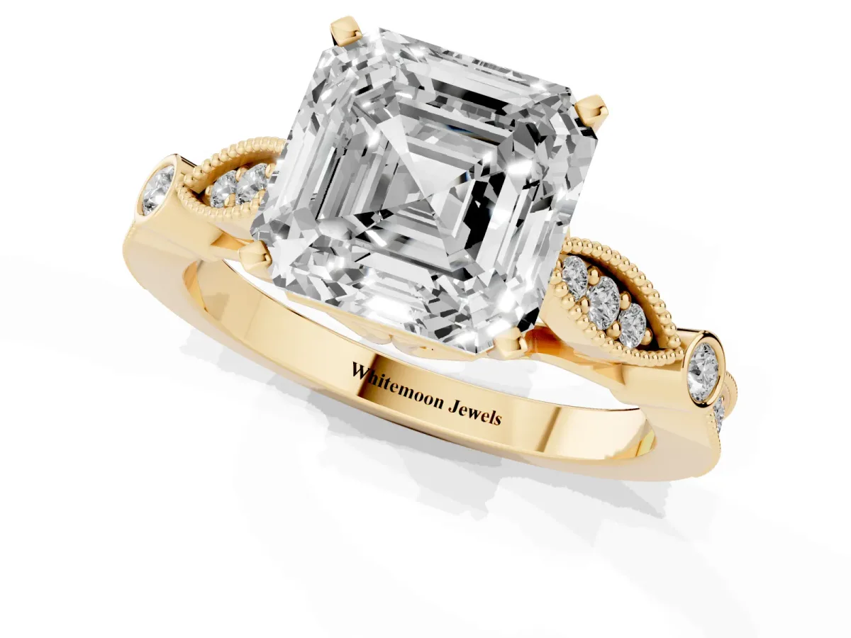 Asscher Cut Cut Diamond with Milgrain Marquise and Bezel Accents on a Solitaire Band with Prong Setting Yellow gold