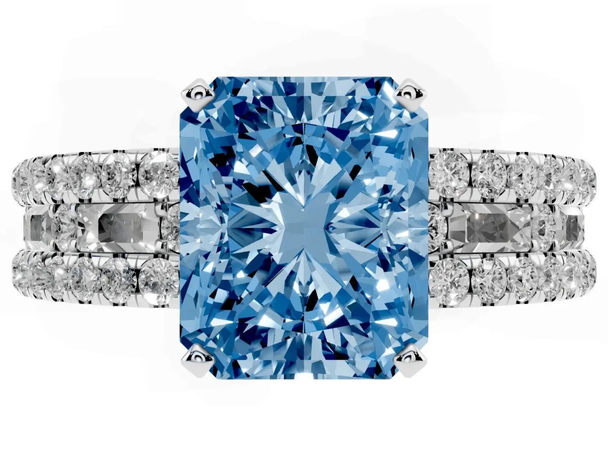 Fancy Blue Radiant Cut Diamond Solitaire Ring with Pavé and Channel Set Band Silver