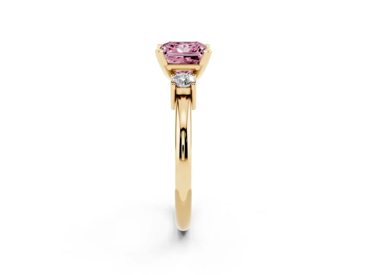 Fancy Pink Three-Stone Princess Cut Cut Diamond Solitaire with Prong Setting and Classic Band Yellow gold
