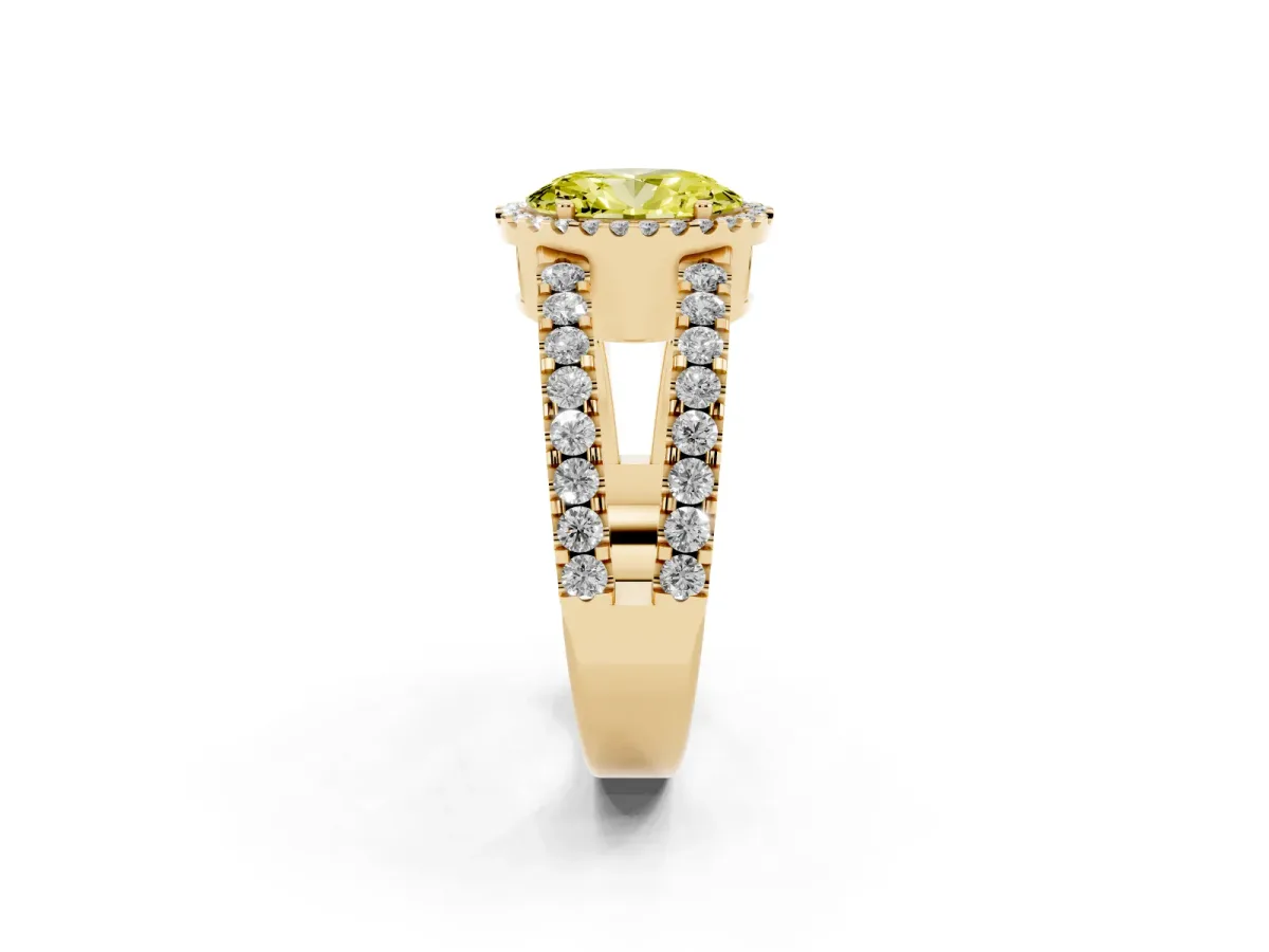 Fancy Yellow Oval Cut Cut Halo Split Shank Diamond Ring with Four-Prong Setting Yellow gold