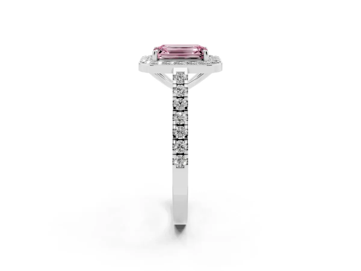 Fancy Pink Emerald Cut Diamond Halo Ring with Round Pavé Split Shank and Prong Setting Platinum