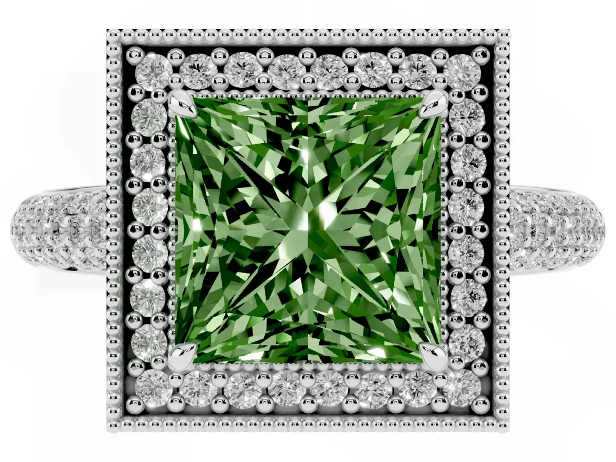 Fancy Green Princess Cut Cut Halo Diamond Pave Band with Four-Prong Setting Platinum
