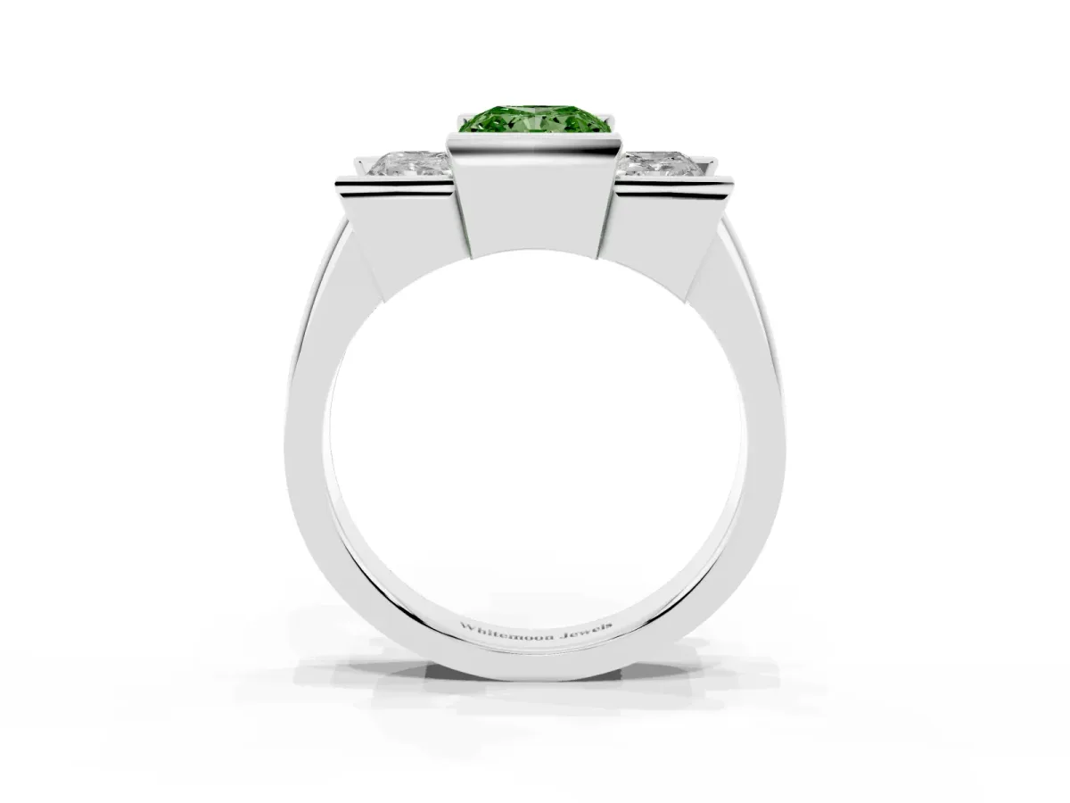 Fancy Green Three Stone Radiant Cut Cut Channel Set Diamond Ring Silver