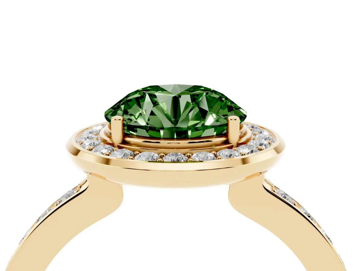 Fancy Green Round Cut Diamond Halo Ring with Bezel Frame and Pavé Band Yellow gold