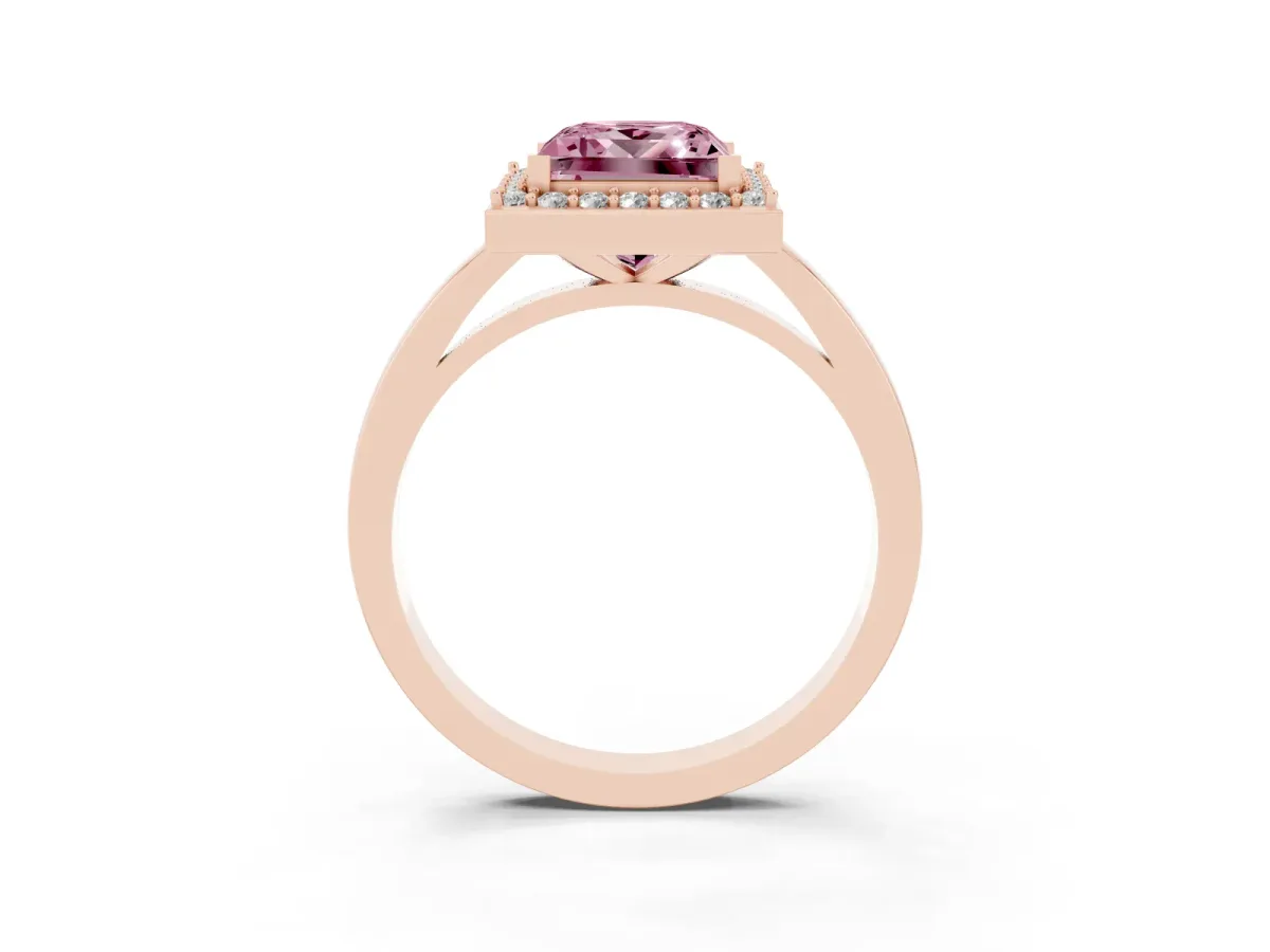 Fancy Pink Princess Cut Halo Diamond Ring with Solitaire Band and Prong Setting Rose gold
