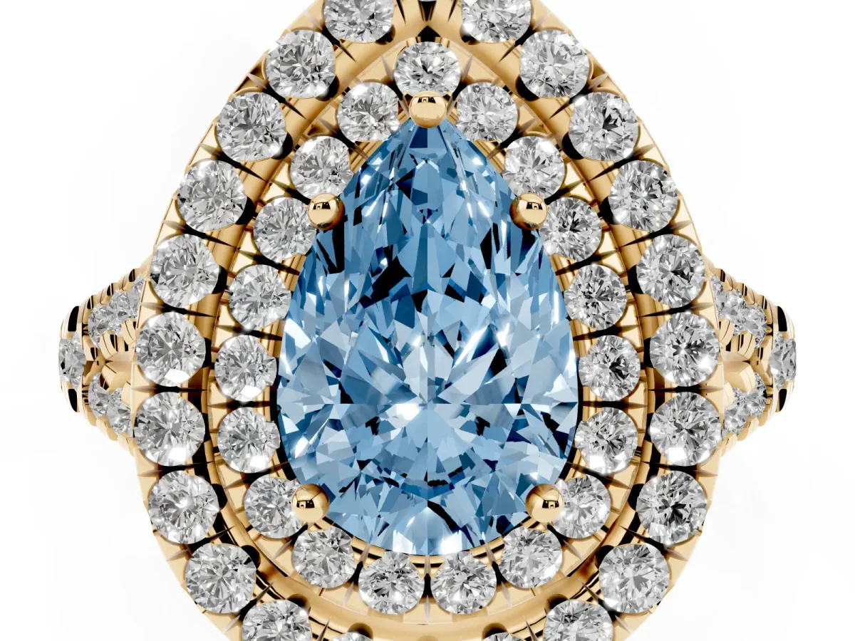 Fancy Blue Double Halo Pear Cut Diamond Pavé Split Shank Ring with Prong Setting Yellow gold