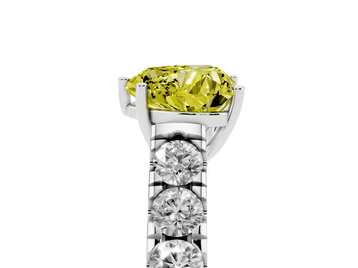 Fancy Yellow Heart Cut Cut Diamond Solitaire Ring with Micro Pave Band and Prong Setting Silver