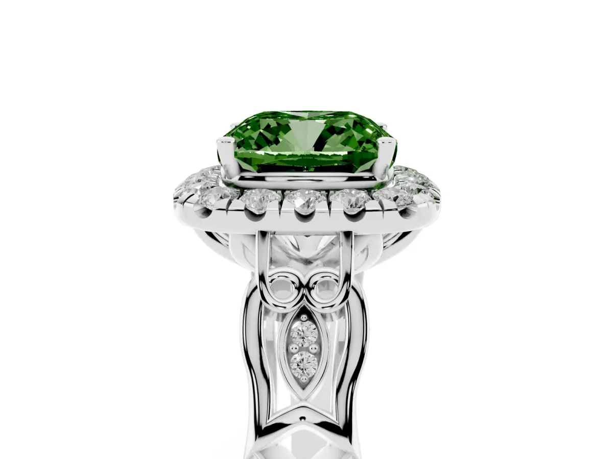Fancy Green Cushion Cut Halo Diamond Engagement Ring with Filigree Band and Four-Prong Setting Silver