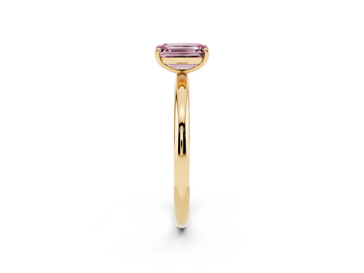 Fancy Pink Emerald Cut Solitaire Diamond Ring with Four-Prong Setting on a Plain Band Yellow gold