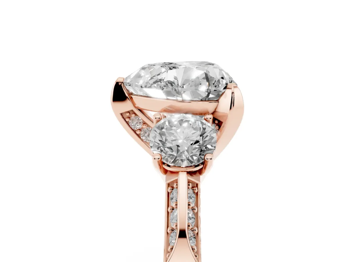 Heart Cut Brilliant Three-Stone Diamond Ring with Pavé Band and Four-Prong Setting Rose gold