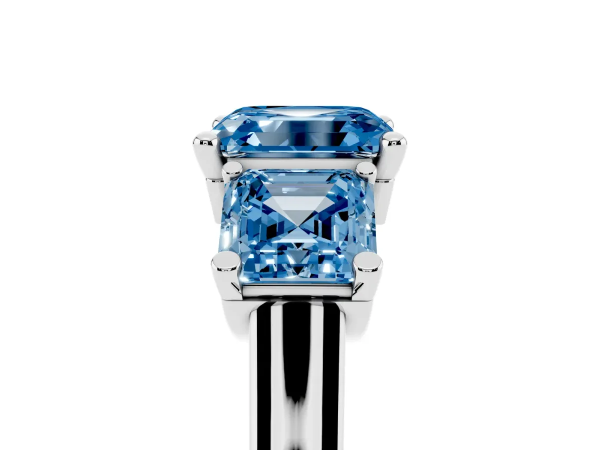 Fancy Blue Three-Stone Asscher Cut Brilliant Diamond Trellis Ring with Comfort Fit Band Silver