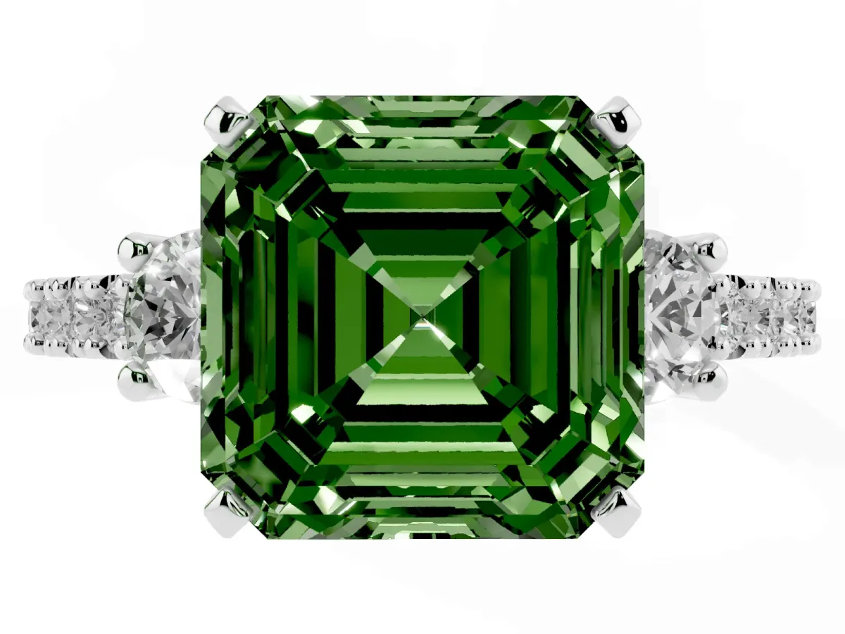 Fancy Green Asscher Cut Three-Stone Diamond Pavé Band with Prong Setting Silver