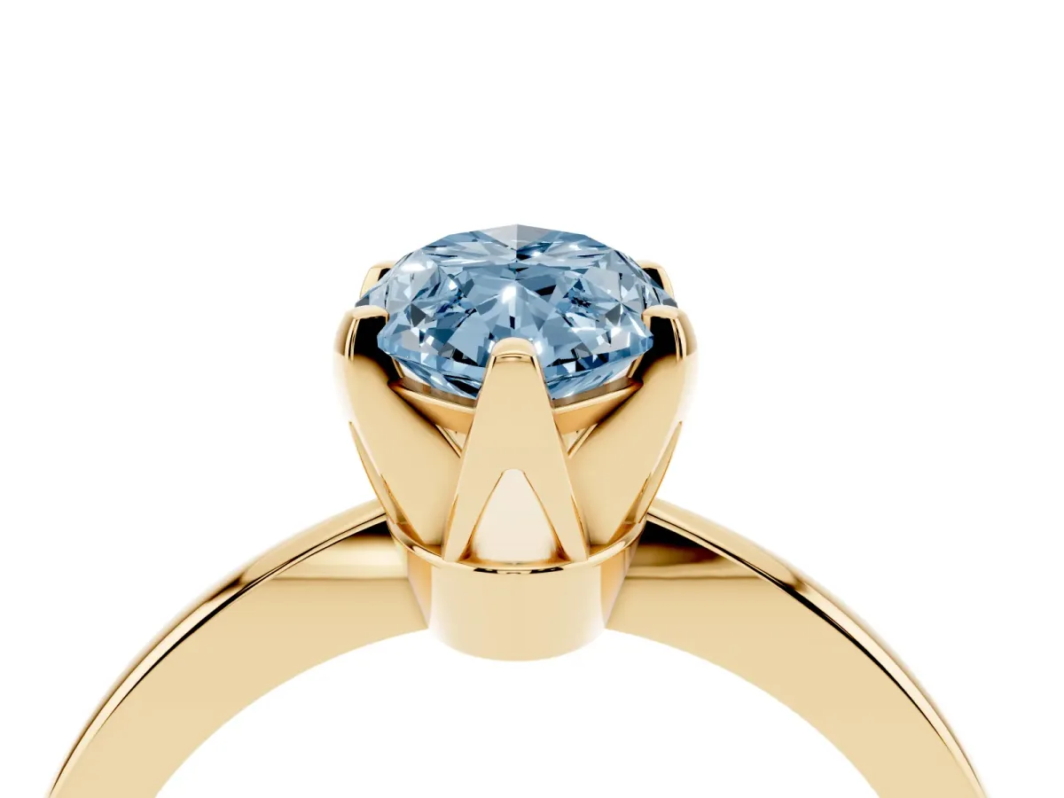 Fancy Blue Marquise Cut Solitaire Engagement Ring with Six-Prong Setting and Tapered Band Yellow gold