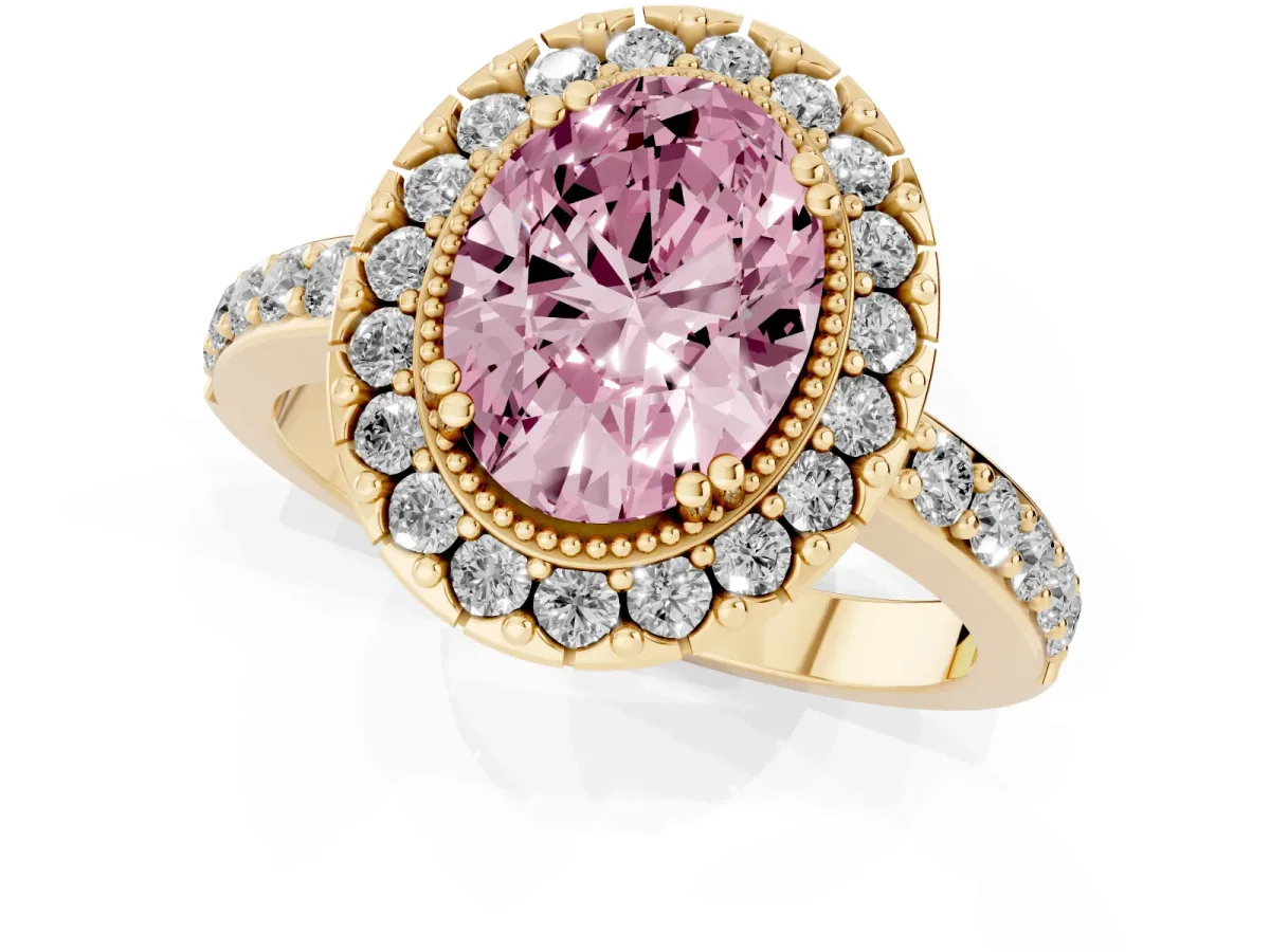 Fancy Pink Oval Cut Diamond Halo Ring with Pavé Band and Prong Setting Yellow gold