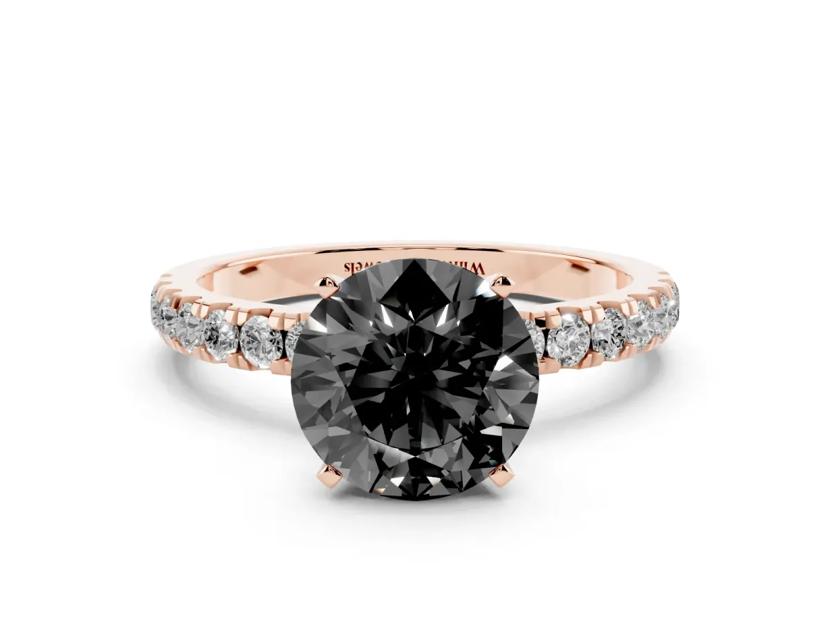 Fancy Black Round Cut Diamond Solitaire Ring with Pavé Accents and Four-Prong Setting Rose gold