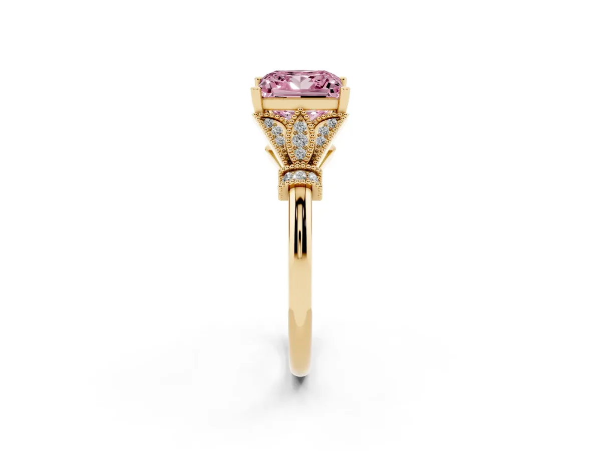 Fancy Pink Princess Cut Diamond Solitaire Ring with Floral Filigree and Pave Accents Yellow gold