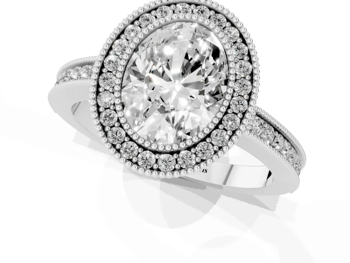 Oval Cut Cut Halo Diamond Ring with Pavé Band and Milgrain Prong Setting Platinum