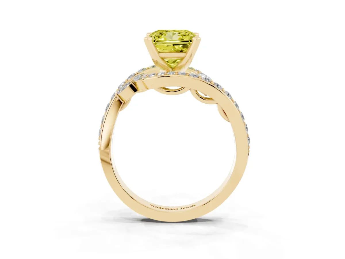 Fancy Yellow Princess Cut Solitaire with Pavé Twist Band and Four-Prong Setting Yellow gold